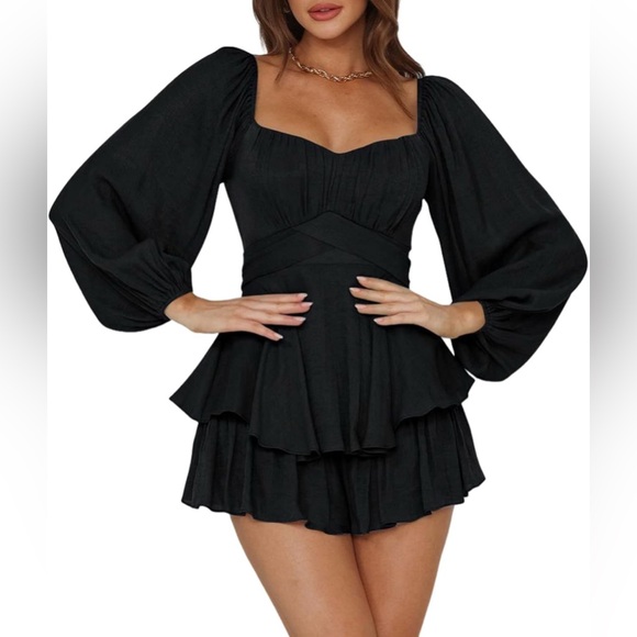 Ahtyeo Women's Casual Off Shoulder Romper Double Layer Ruffle Hem Waist Tie - Picture 1 of 5